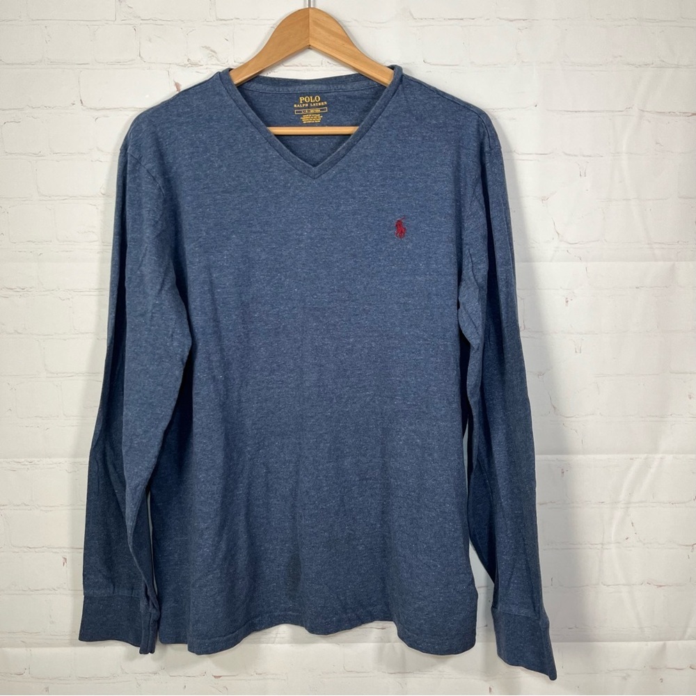 Polo Ralph Lauren Shirt Mens Size Large Blue Pullover V-Neck Long Sleeve Pony